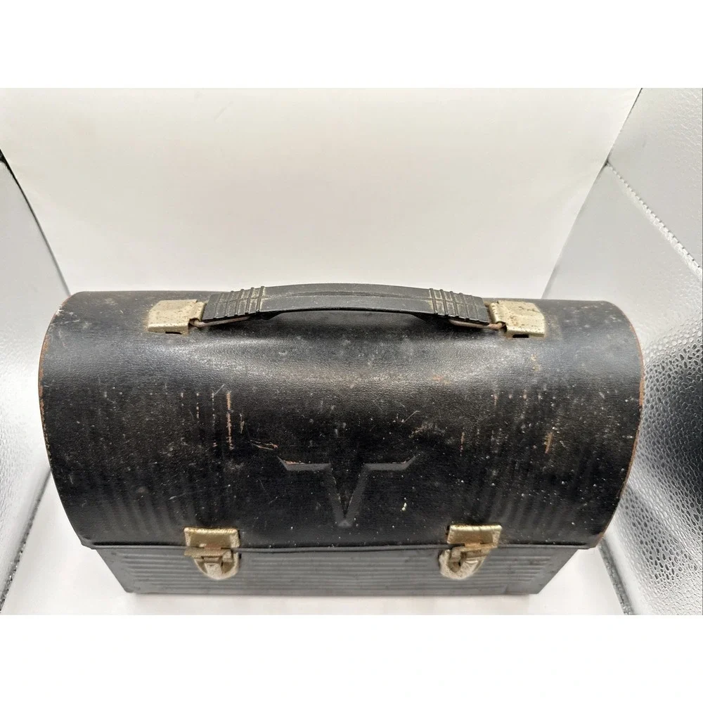 Vtg MCM Thermos black metal dome lunch box handle Industrial V Victory 60s Retro